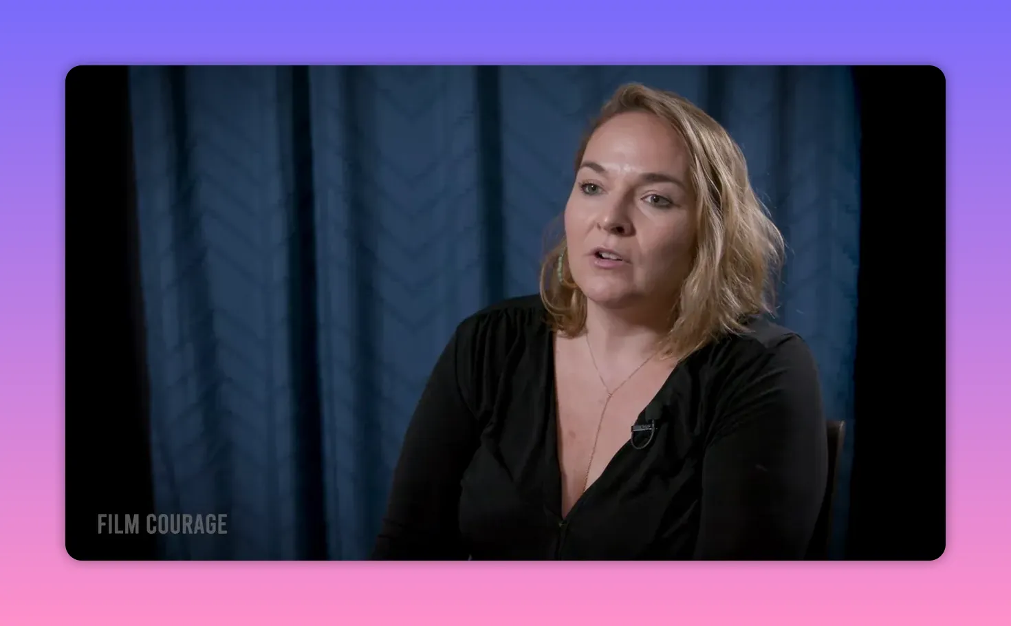 Clear interview shot of a woman speaking about on-set energy and post-production, crisp lighting and composition