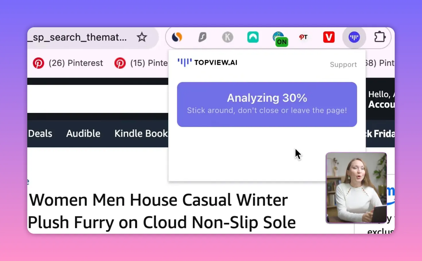 Topview.ai Chrome extension popup over a product page showing 'Analyzing 30%'