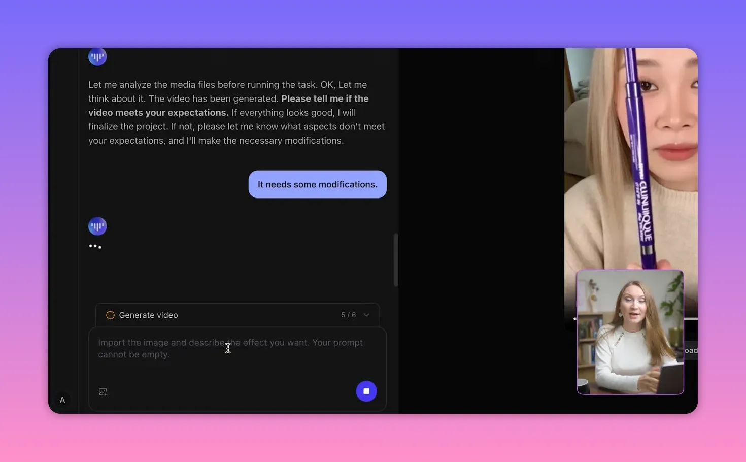 AI interface showing the 'Generate video' panel, feedback buttons and a video preview of the product
