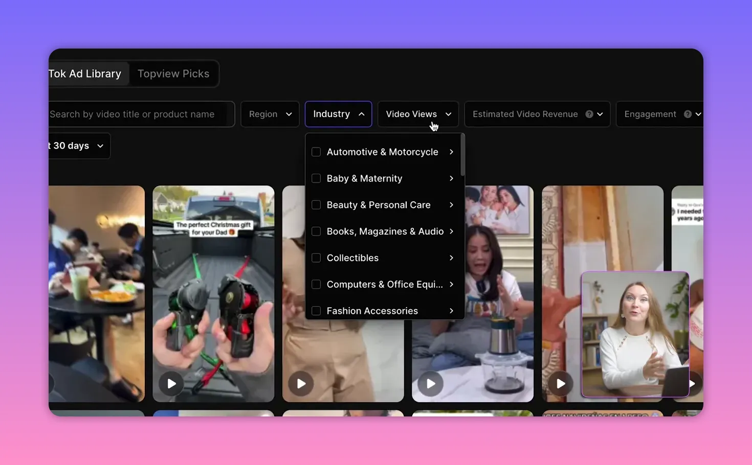 TopView TikTok ad library showing Industry dropdown and Video Views filter open
