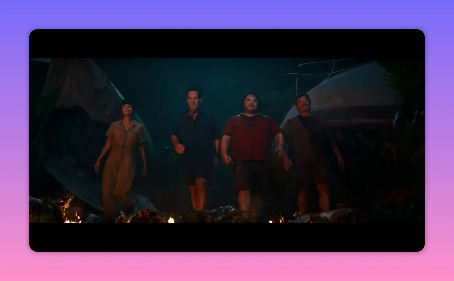 four characters walking together through a jungle camp at night