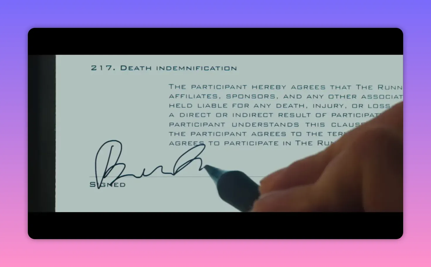 Close-up of a signed contract page titled 'Death indemnification' showing text and a signature