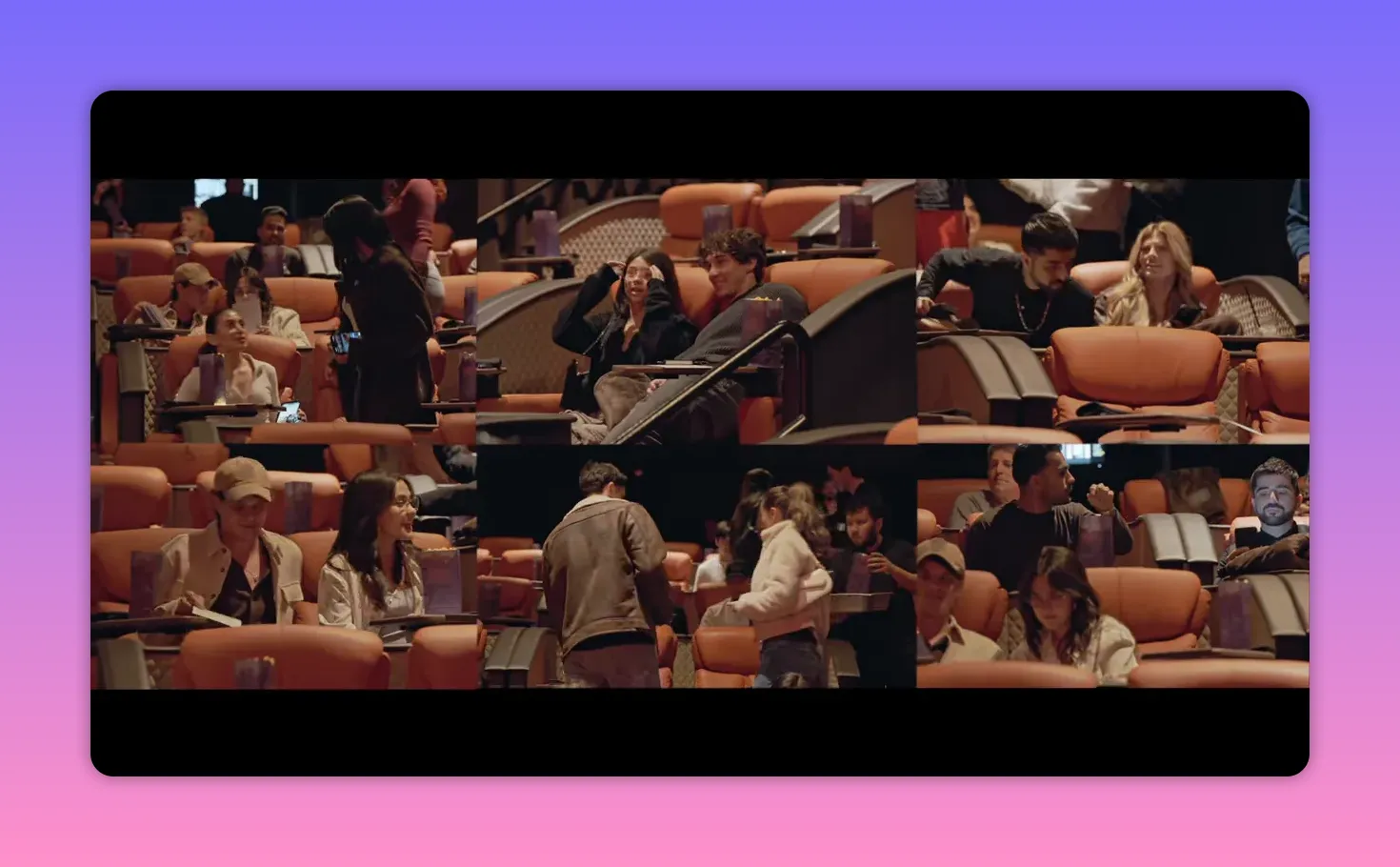 Multiple audience members seated in a theater reacting during an early screening.