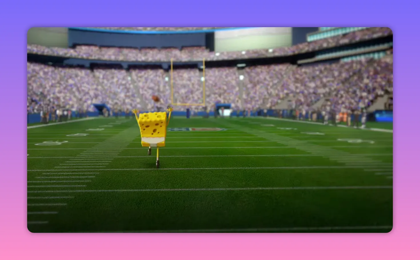 SpongeBob character running across a football field in underwear toward the goalpost