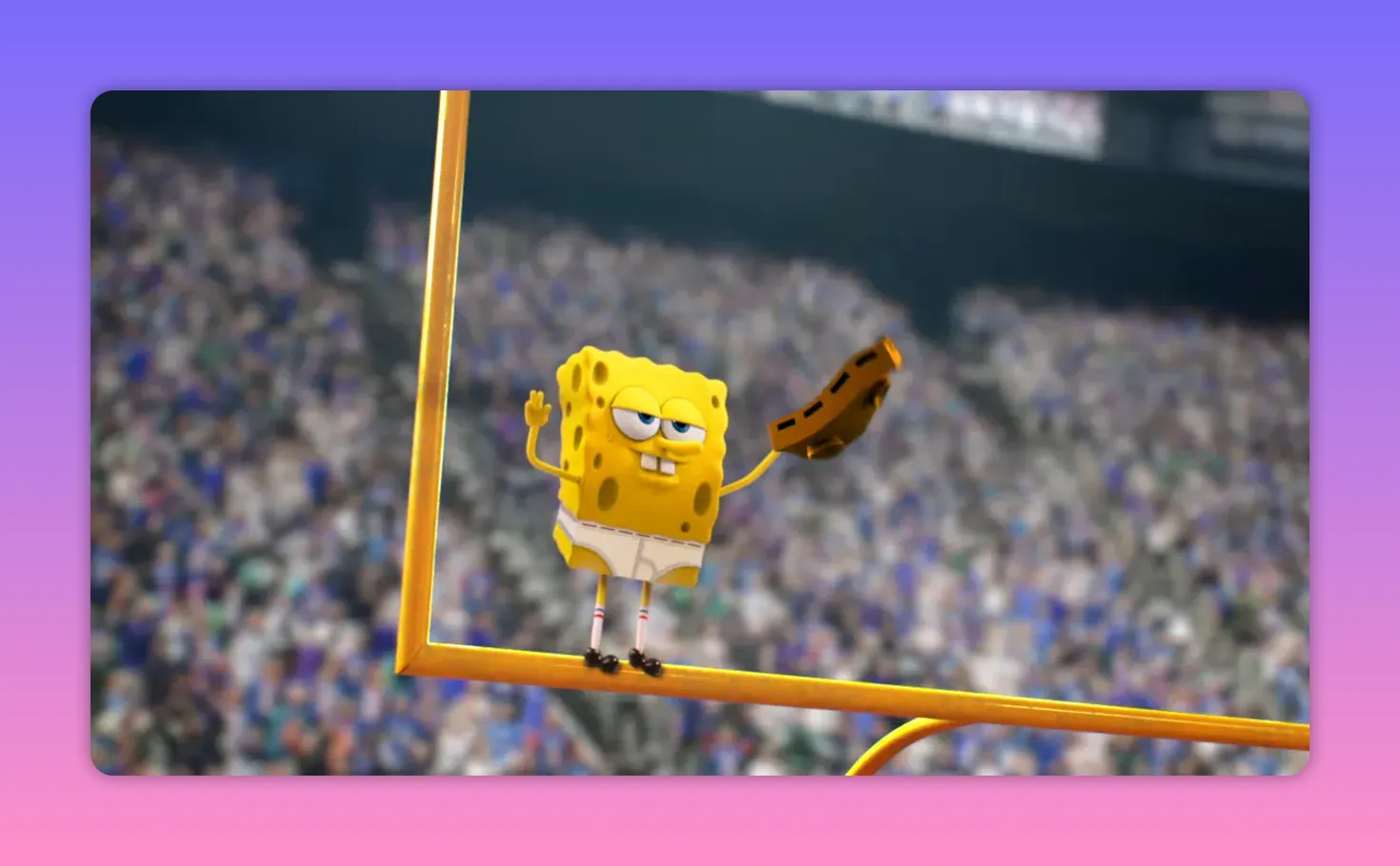 SpongeBob in underwear standing on a goalpost holding his pants at a crowded stadium