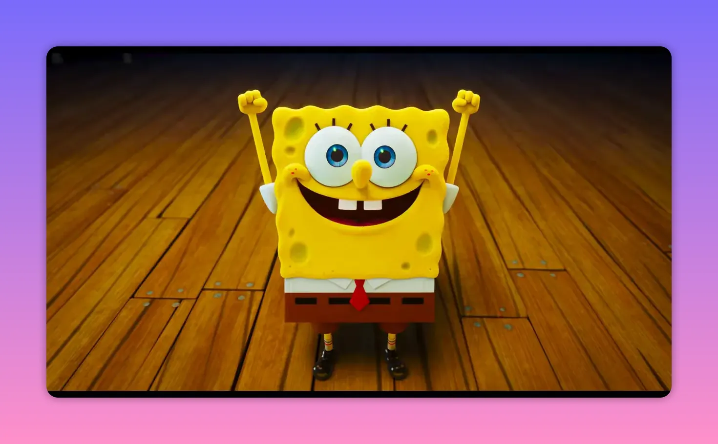 SpongeBob standing on a wooden floor with arms raised, showing his pants and cheerful expression.