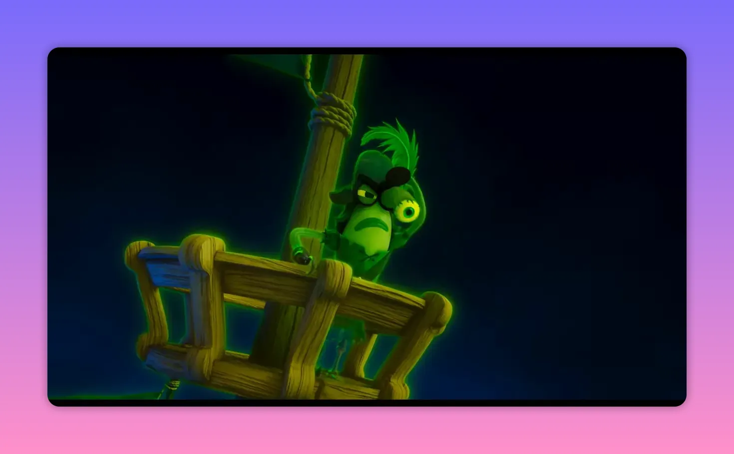 Close-up of a one-eyed green fish character leaning from a crow's nest