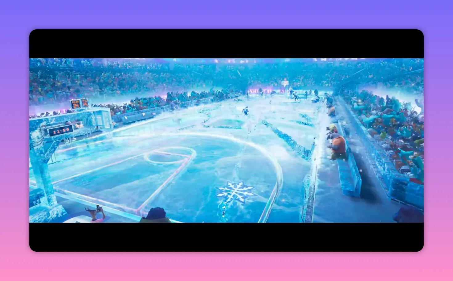 Wide aerial view of a packed roarball arena showing the icy court and players