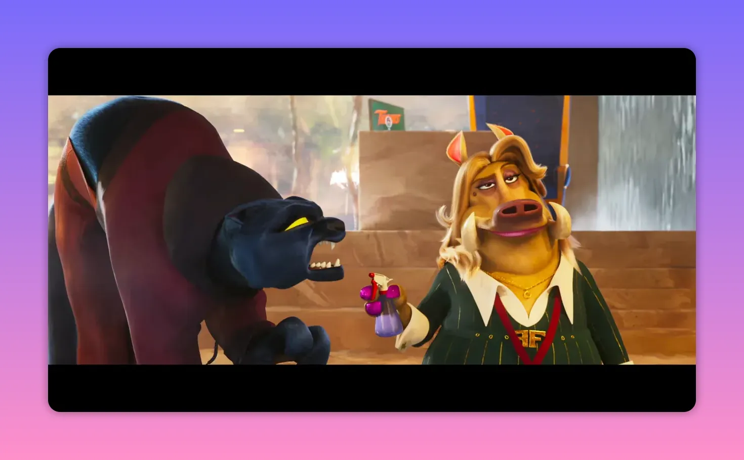 Animated scene of a snarling panther-like character and a stylish boar holding a spray bottle, both on stadium steps.