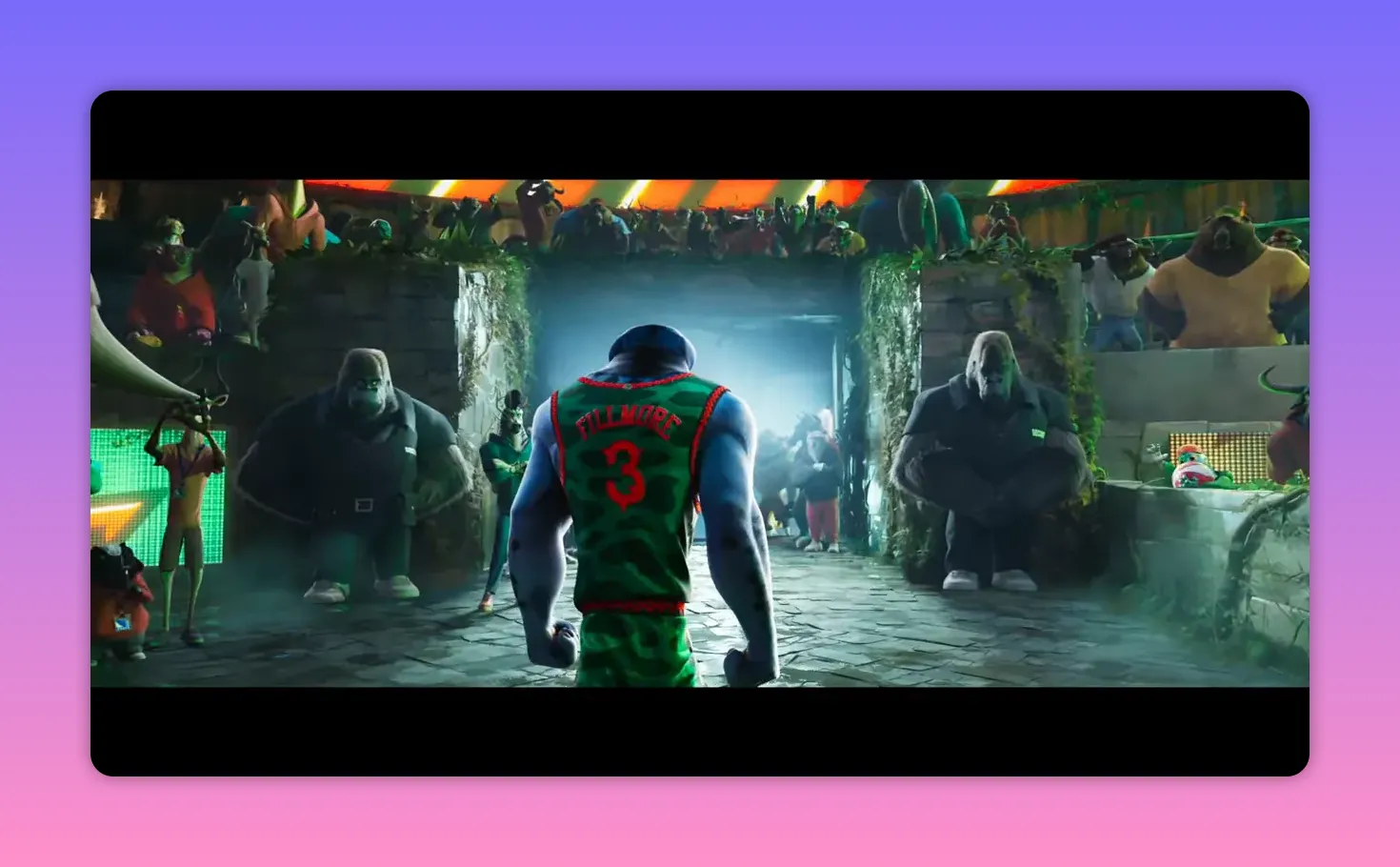 Back view of a muscular player wearing 'Fillmore 3' walking into a roarball arena packed with fans in the GOAT trailer