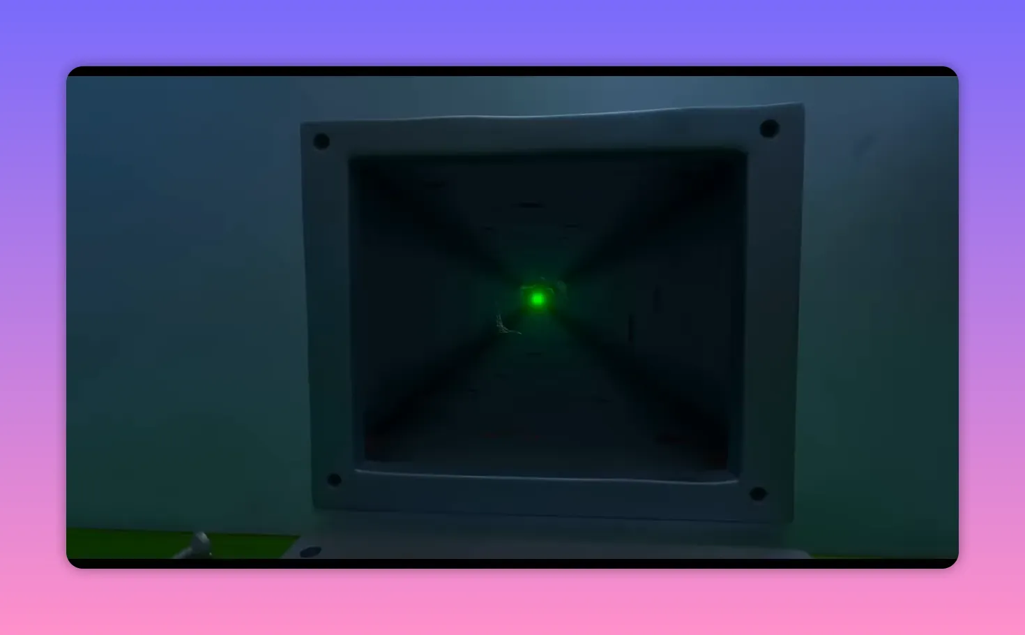 View down a duct toward a distant green glowing light