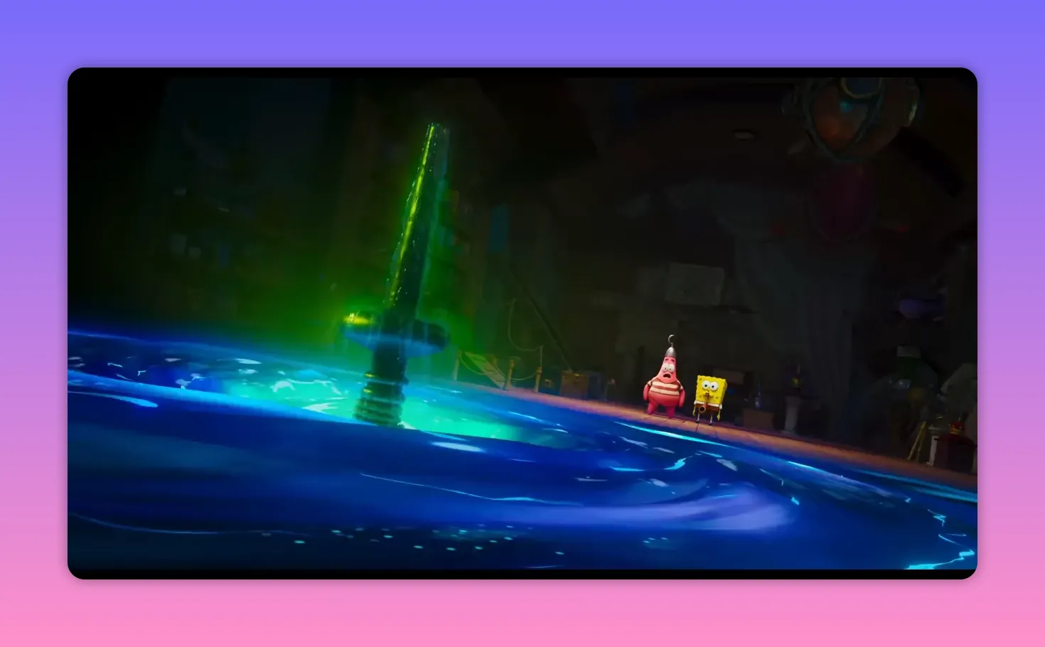 Green glowing vortex in the floor with SpongeBob and Patrick watching from the edge