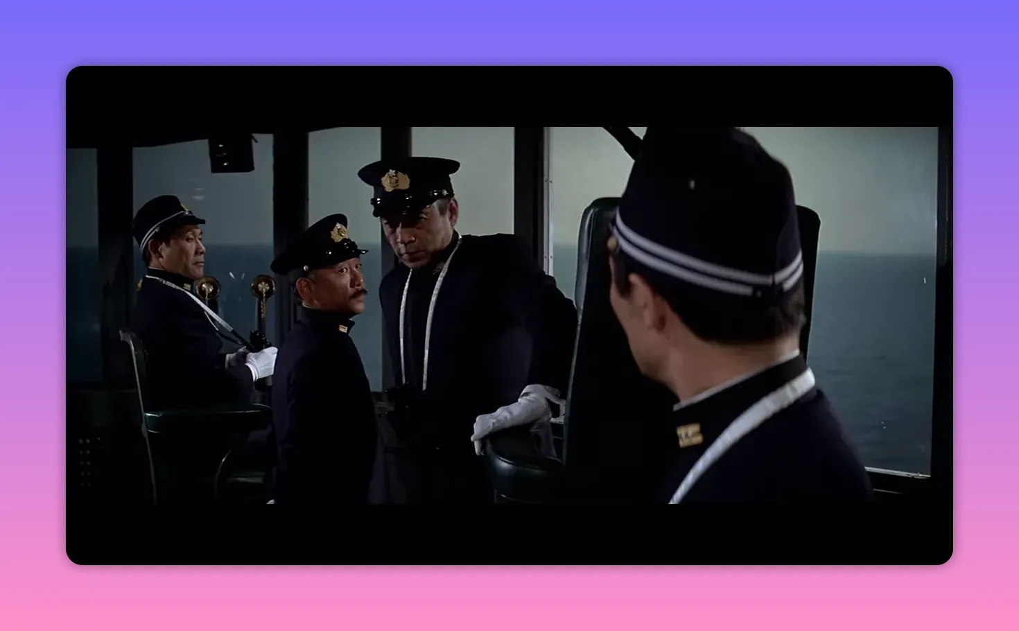 Naval bridge scene showing a commander and officers discussing orders with the sea behind them