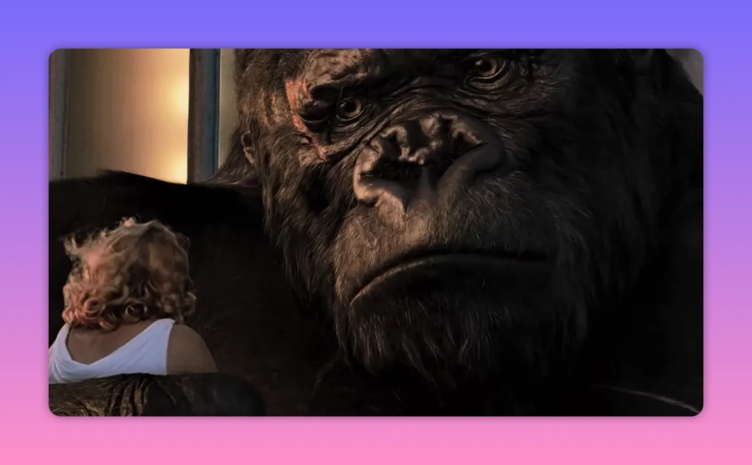 Wide close-up of Kong’s face with Ann leaning against him, highlighting the creature’s expressive features and the intimate interaction.