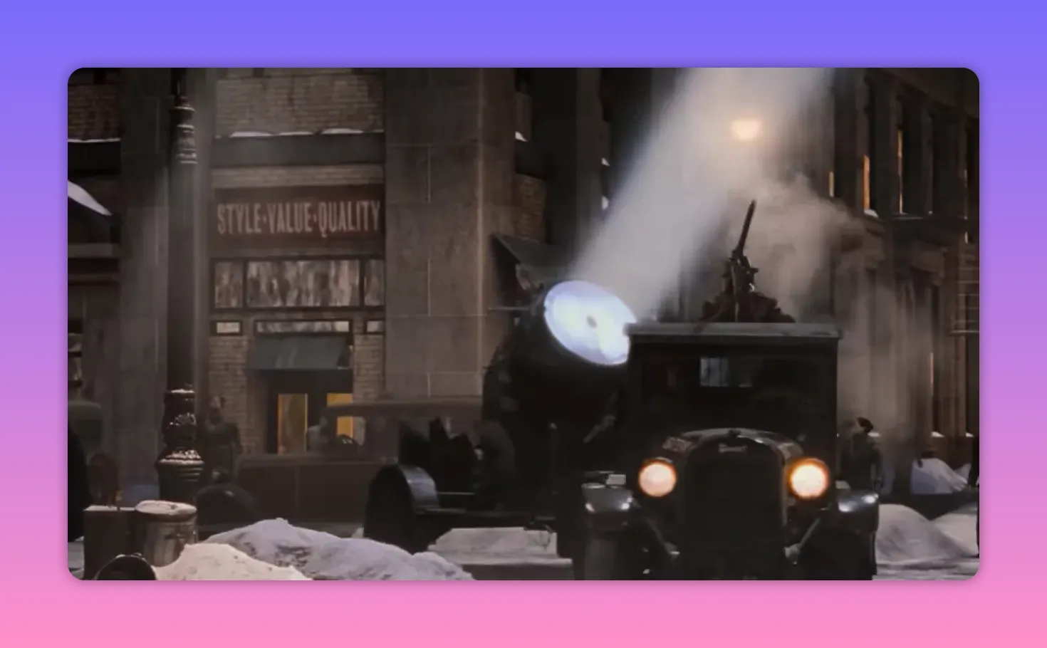 Vehicle-mounted searchlight cutting a beam through a snowy city street at night