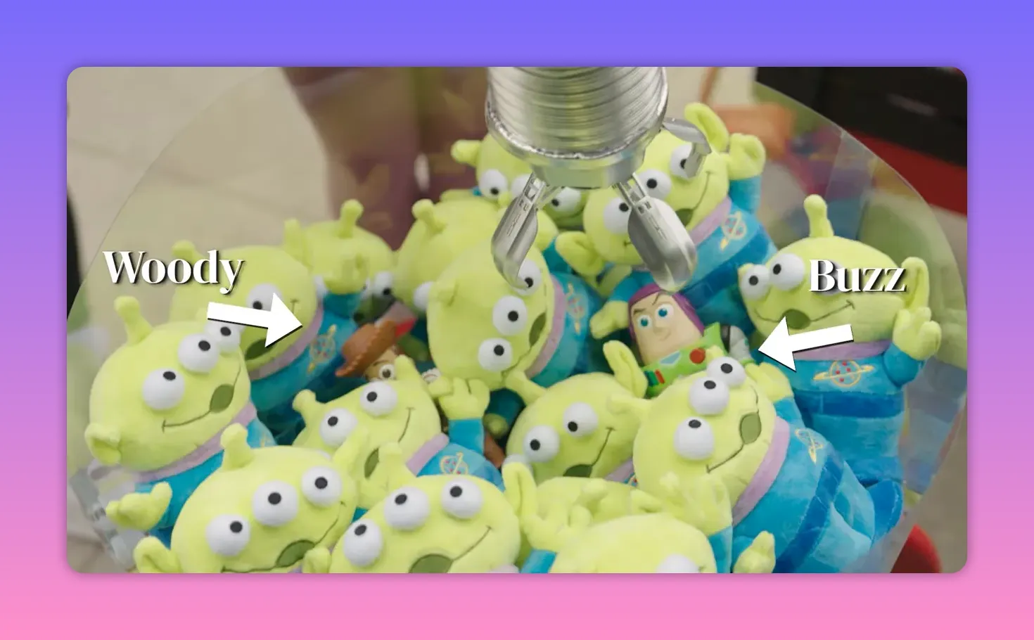 Close-up of an arcade-style claw hovering above a pile of green alien plush toys with Buzz Lightyear and Woody visible among them.