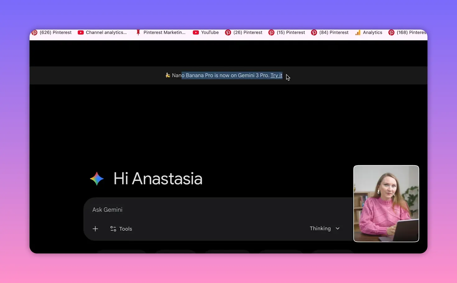 Gemini web interface showing a large greeting message and a small presenter inset in the corner