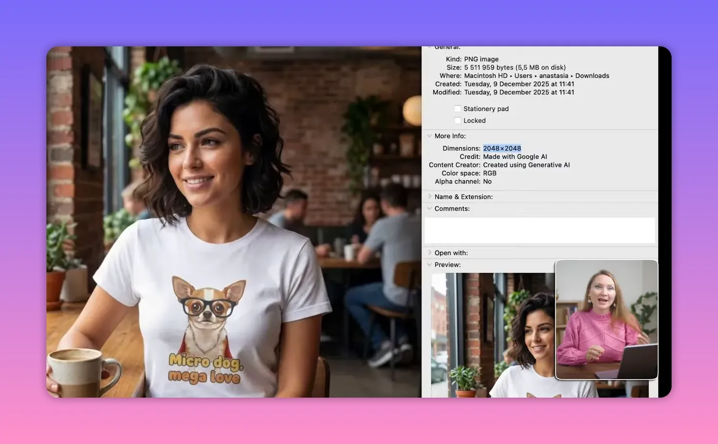 image preview and file metadata panel showing dimensions and 'Created using Generative AI' next to a t-shirt mockup