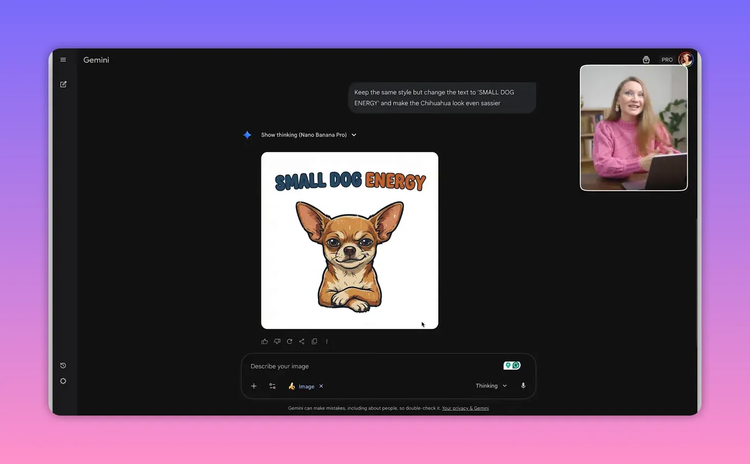 Gemini interface showing the final generated square design: a chihuahua illustration with the text 'SMALL DOG ENERGY' above it and a presenter video inset