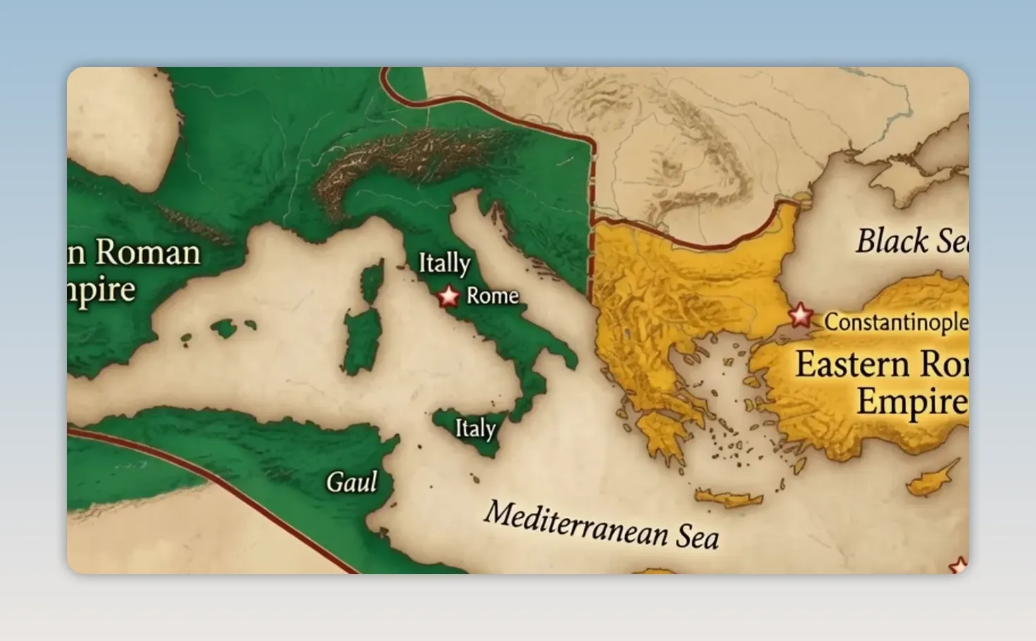Map showing the Eastern Roman Empire and Western Roman Empire around the Mediterranean