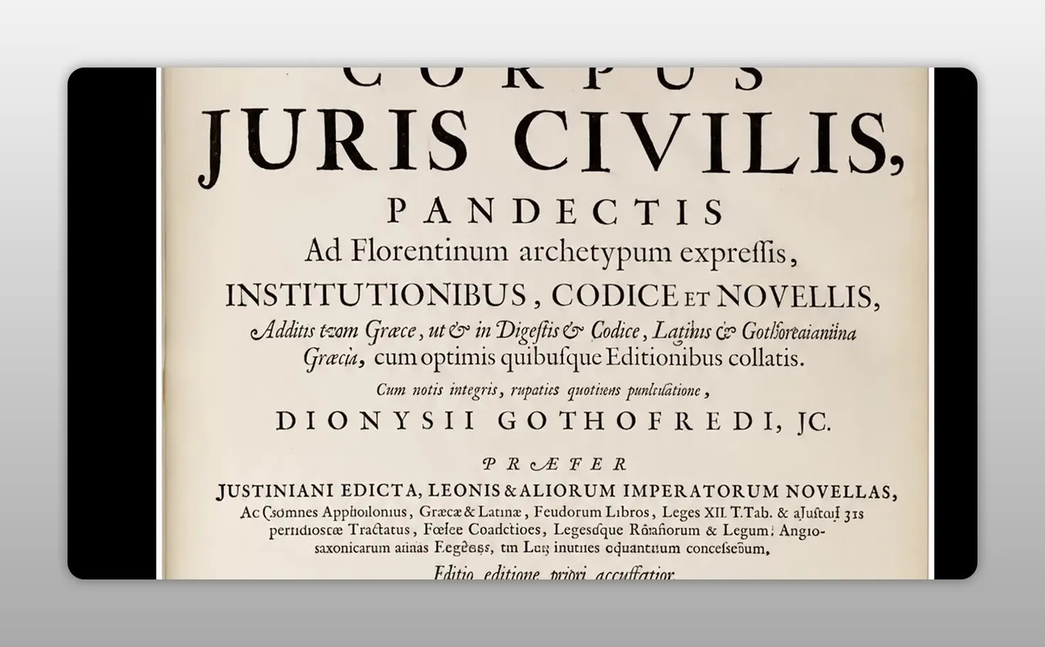 Title pages of the Corpus Juris Civilis legal code displayed on a light background