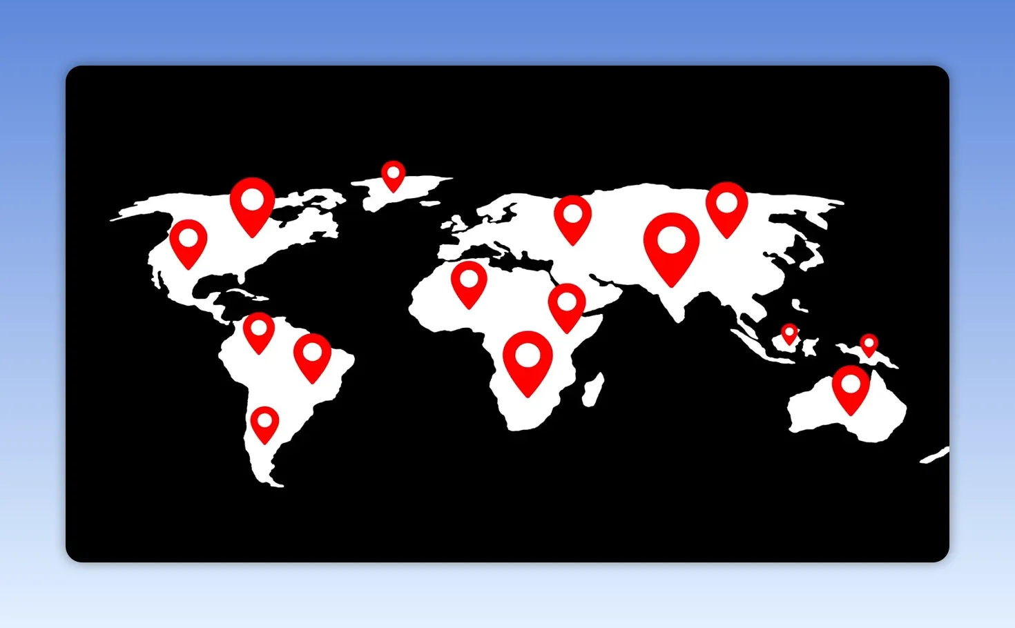 World map with red location pins across multiple continents