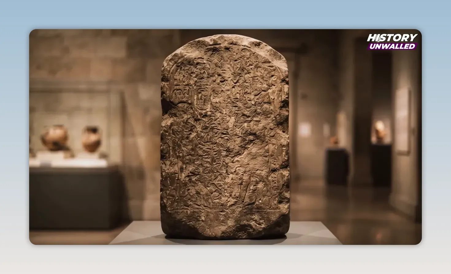 Tall stone stele displayed upright in a museum gallery