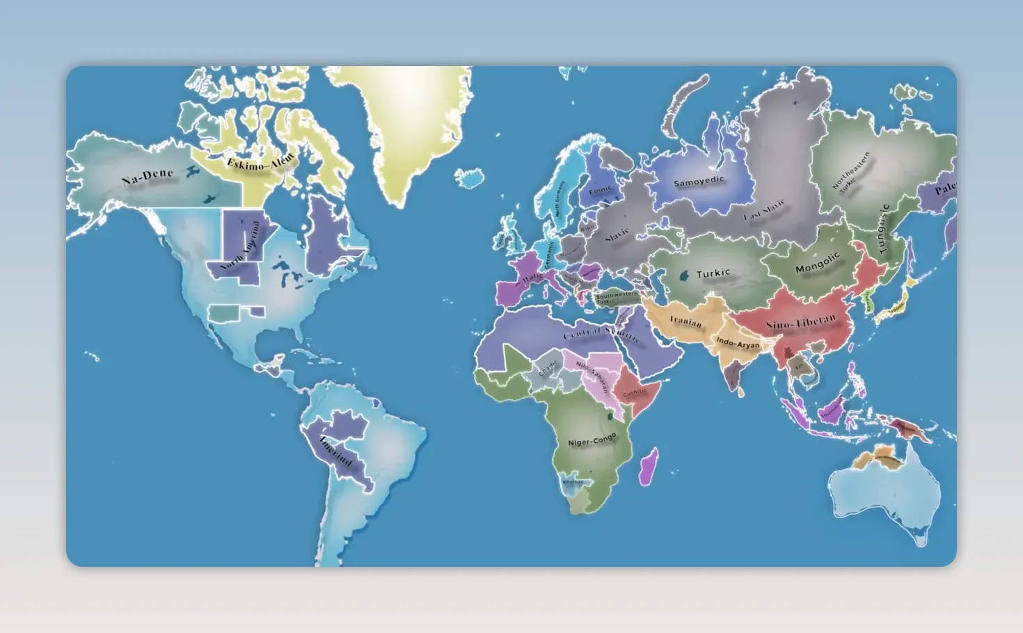 Global map showing color-coded language family regions across the continents