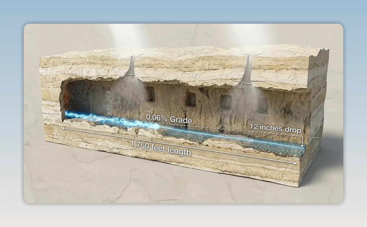 Model of a rock tunnel with blue water flow and 0.06 percent gradient text