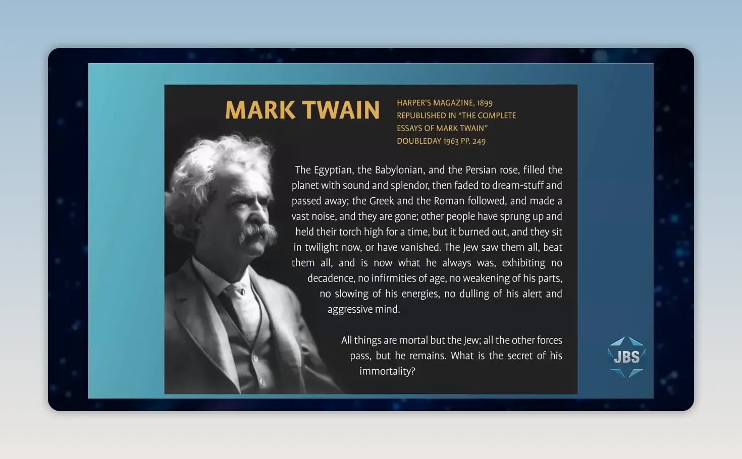 Slide showing a portrait of Mark Twain beside text about Jewish survival