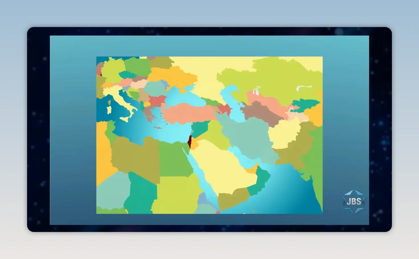 Colorful map of the Middle East showing Israel between Africa Asia and Europe