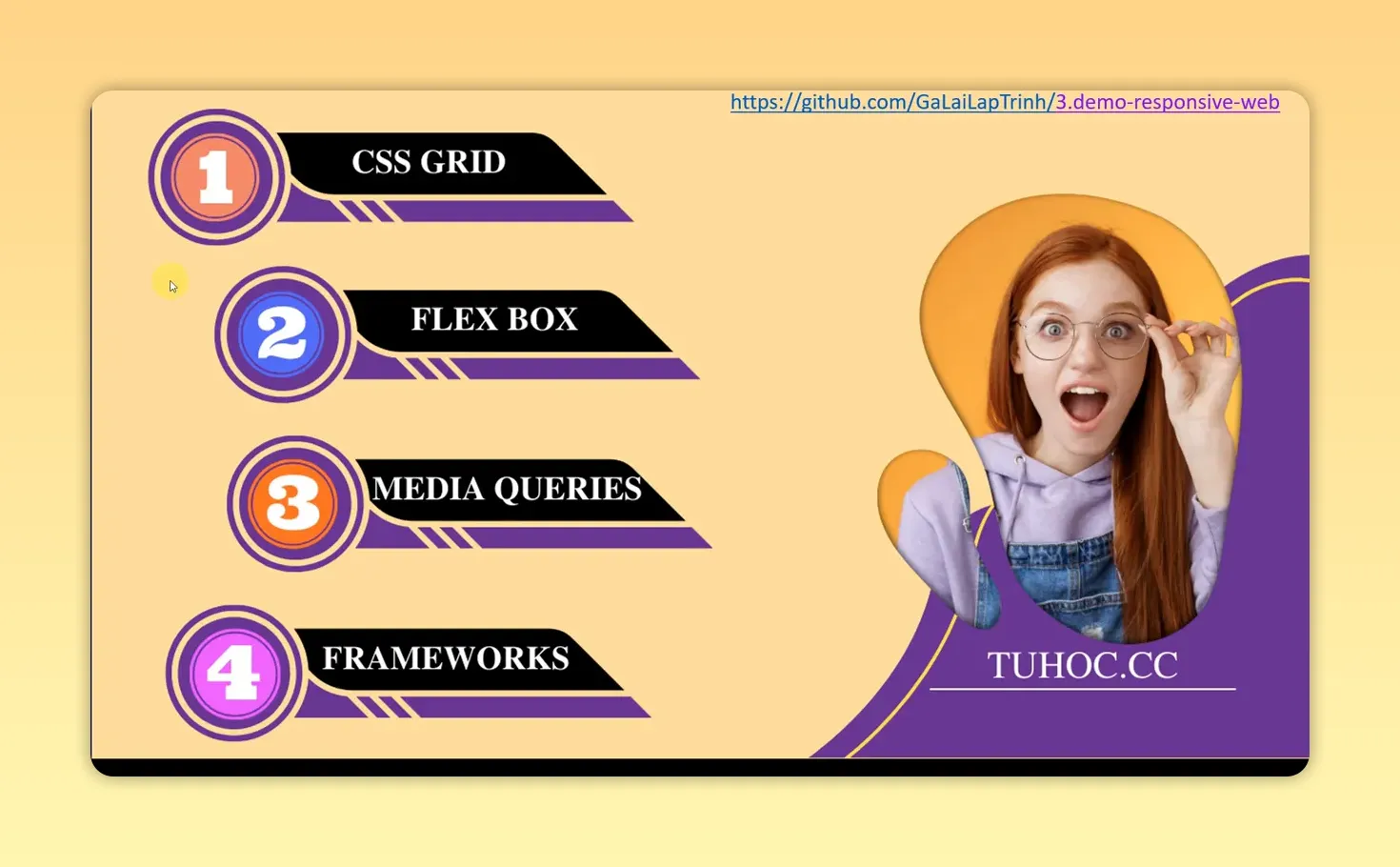 Danh sách bốn phương pháp gồm CSS Grid, Flexbox, Media Queries và Frameworks