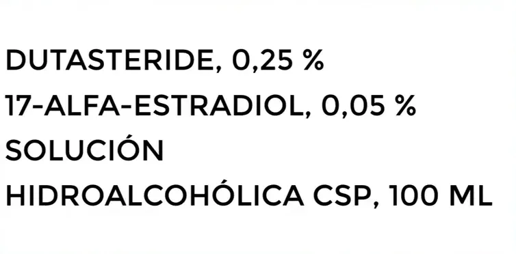 Diapositiva mostrando la prescripción: dutasteride 0,25% y 17-alfa-estradiol 0,05% solución hidroalcohólica 100 ml