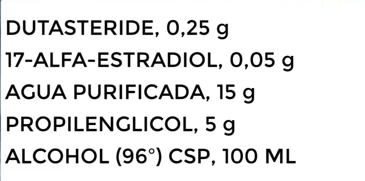 Diapositiva nítida con la formulación para 100 ml (dutasteride 0,25 g; 17-alfa-estradiol 0,05 g; agua purificada 15 g; propilenglicol 5 g; alcohol 96% hasta 100 ml), presentador y laboratorio al fondo (captura 6).