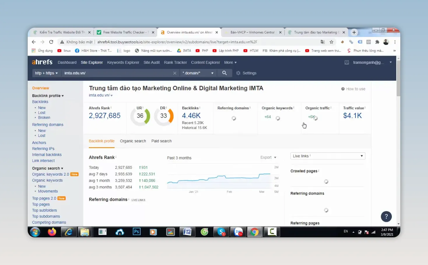 Báo cáo Ahrefs với chỉ số từ khóa tự nhiên, lưu lượng tự nhiên và biểu đồ xu hướng