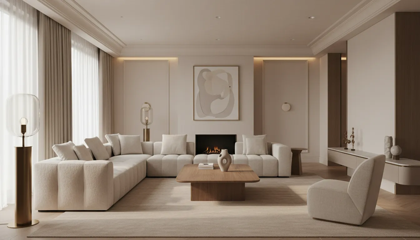 Calm, warm luxury living room with understated elegance, soft neutral tones, textured furnishings, warm lighting, and refined decor details.