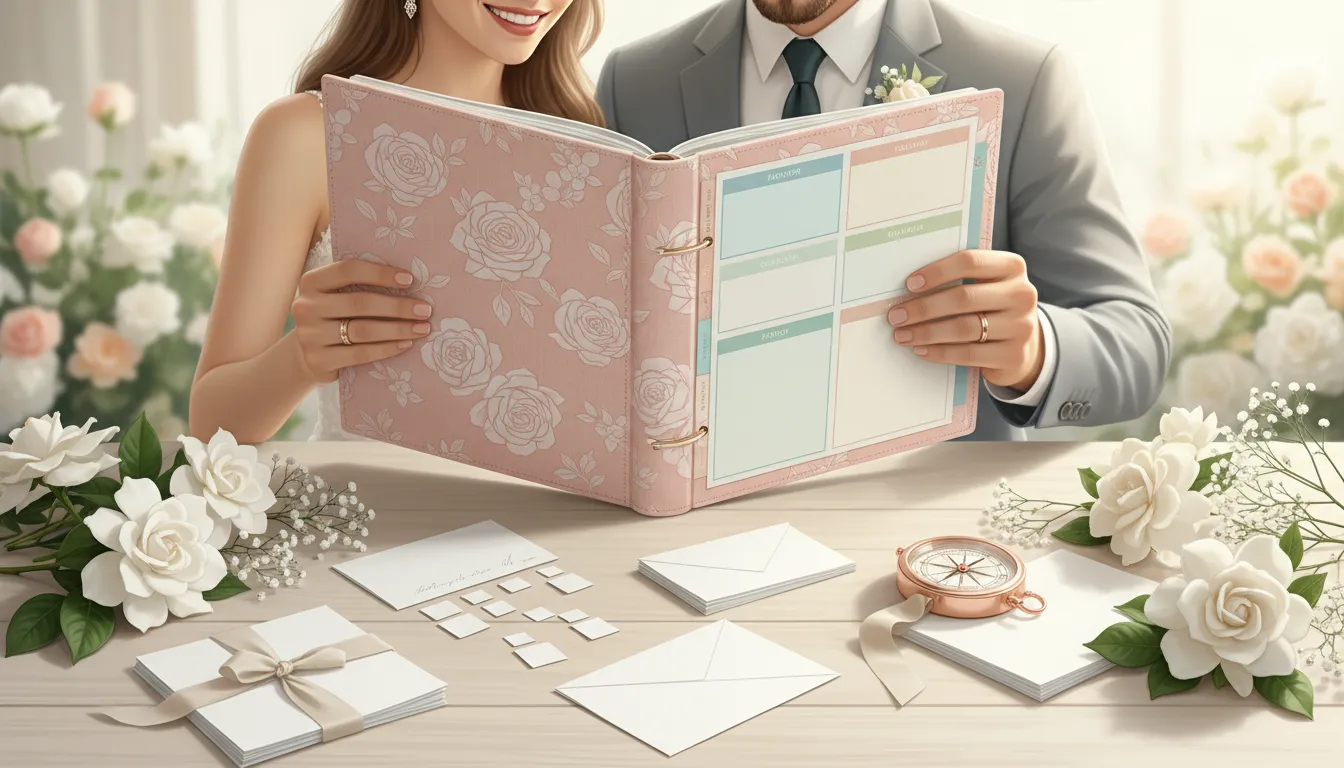 Bride and groom with an organized wedding planning planner and elegant stationery symbolizing systems, timing, and smooth wedding preparation