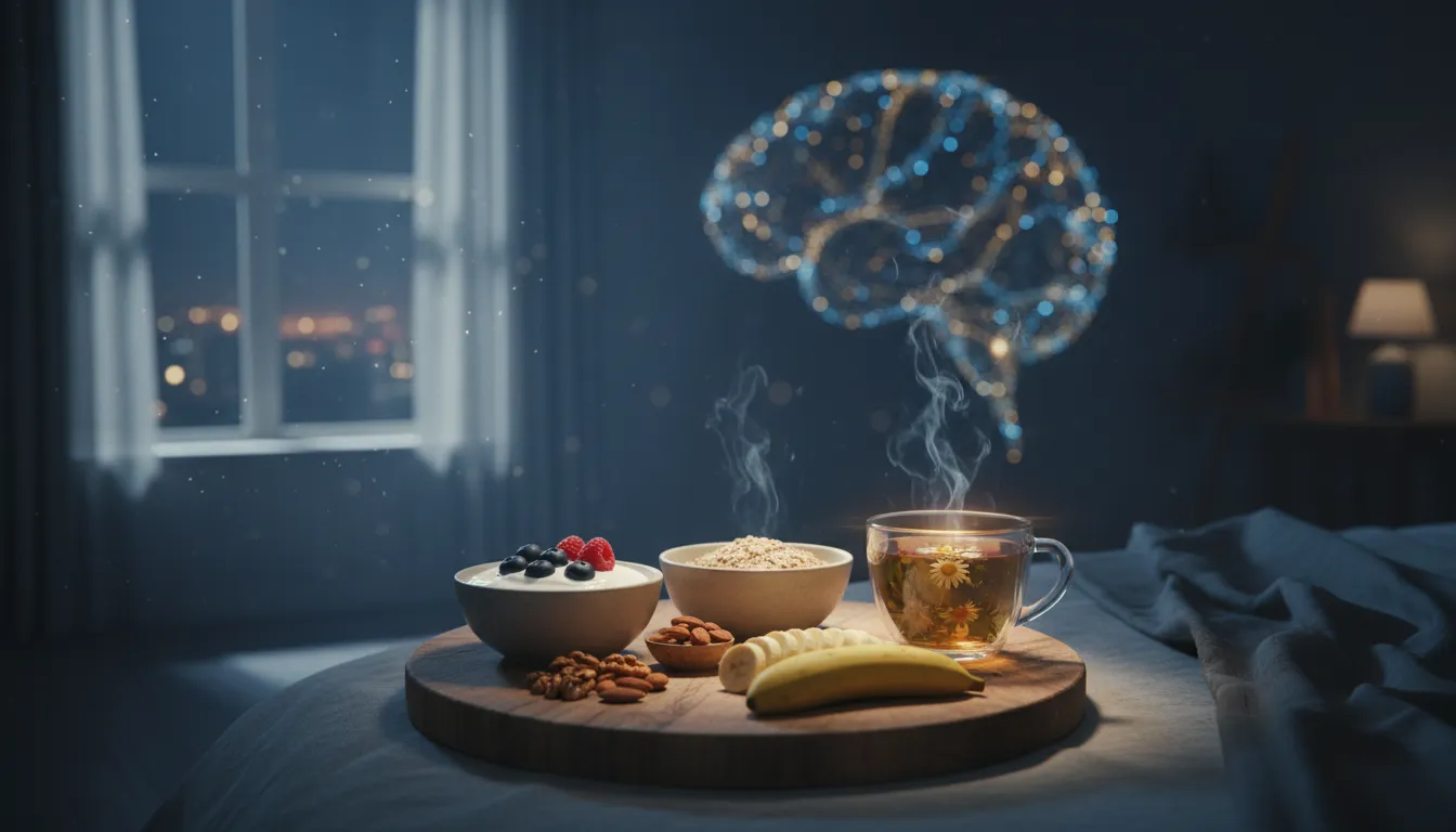 Bedtime foods on a wooden board in a moonlit bedroom with a subtle glowing brain-shaped light, symbolizing overnight memory support.