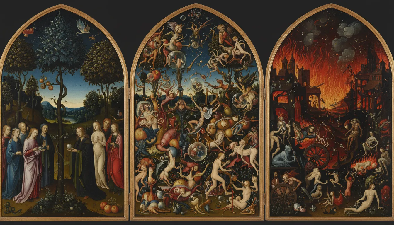 Bosch-inspired triptych depicting temptation and moral collapse across paradise, surreal Eden-like chaos, and fiery punishment, with no text.