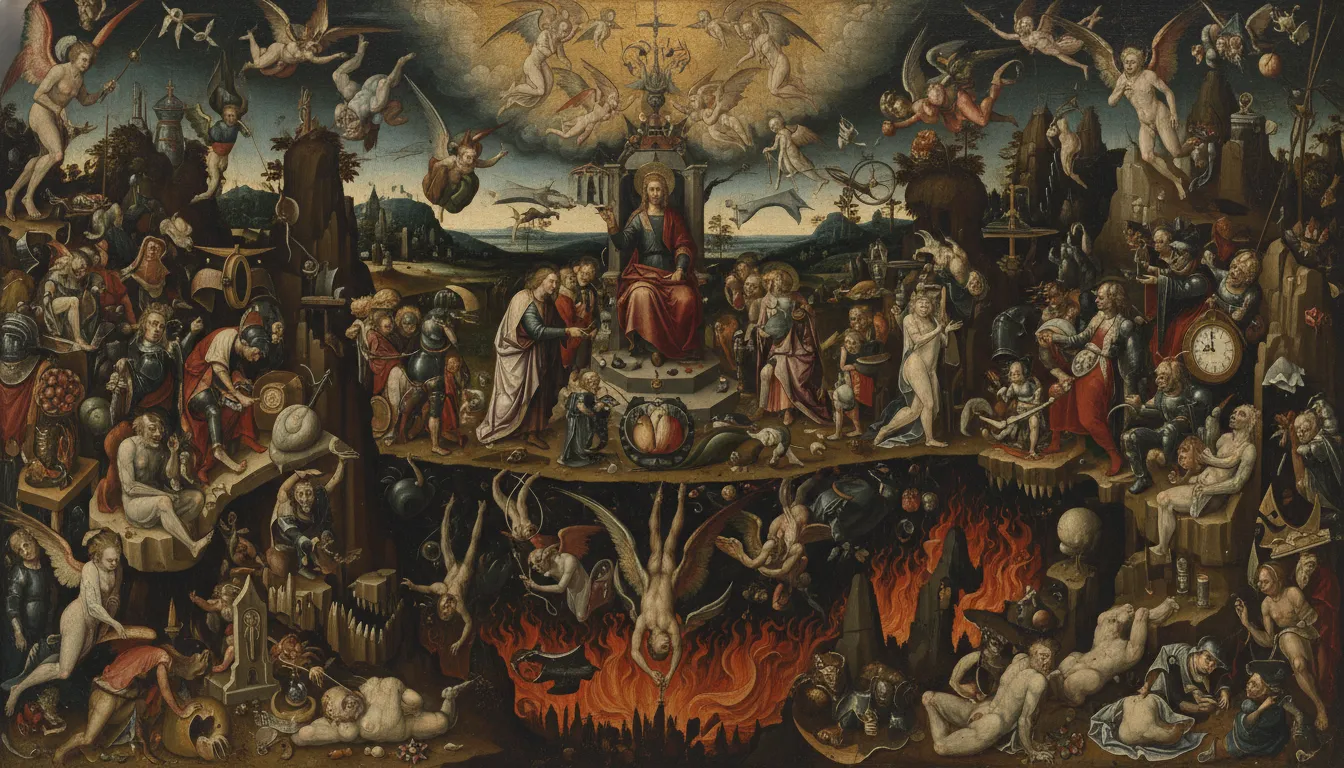 Bosch-inspired dark allegorical painting showing sin, judgment, heaven, and hell in a chaotic, grotesque tableau with demons and fallen figures
