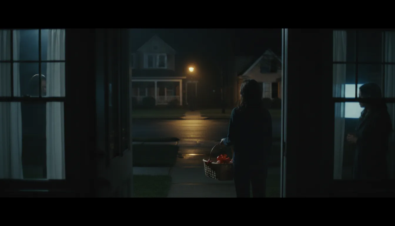 Moody night scene in a suburban neighborhood with a figure holding a welcome basket under a dim porch light and an eerie silhouette across the street.
