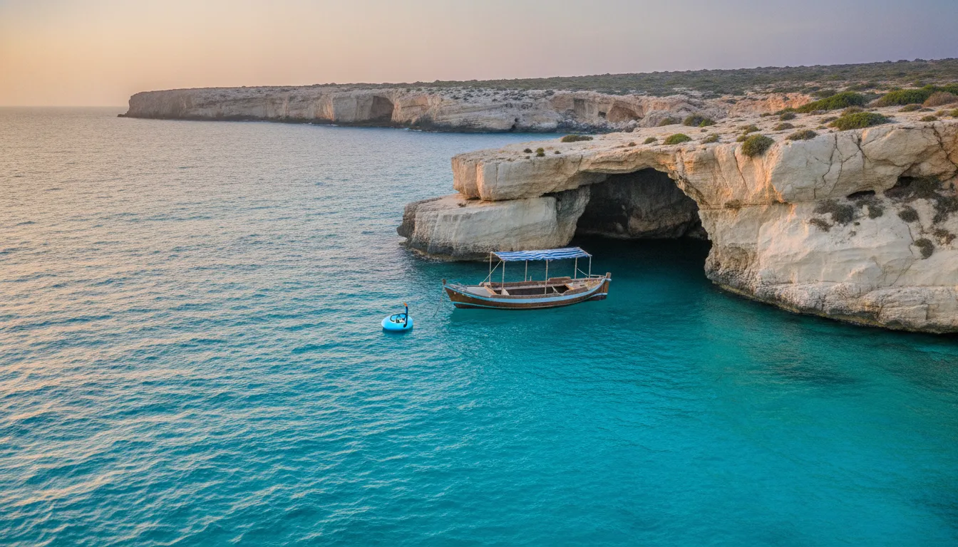 A wooden boat floating on bright turquoise water near Cyprus’ limestone coastline at golden hour, captured in a cinematic travel photography style