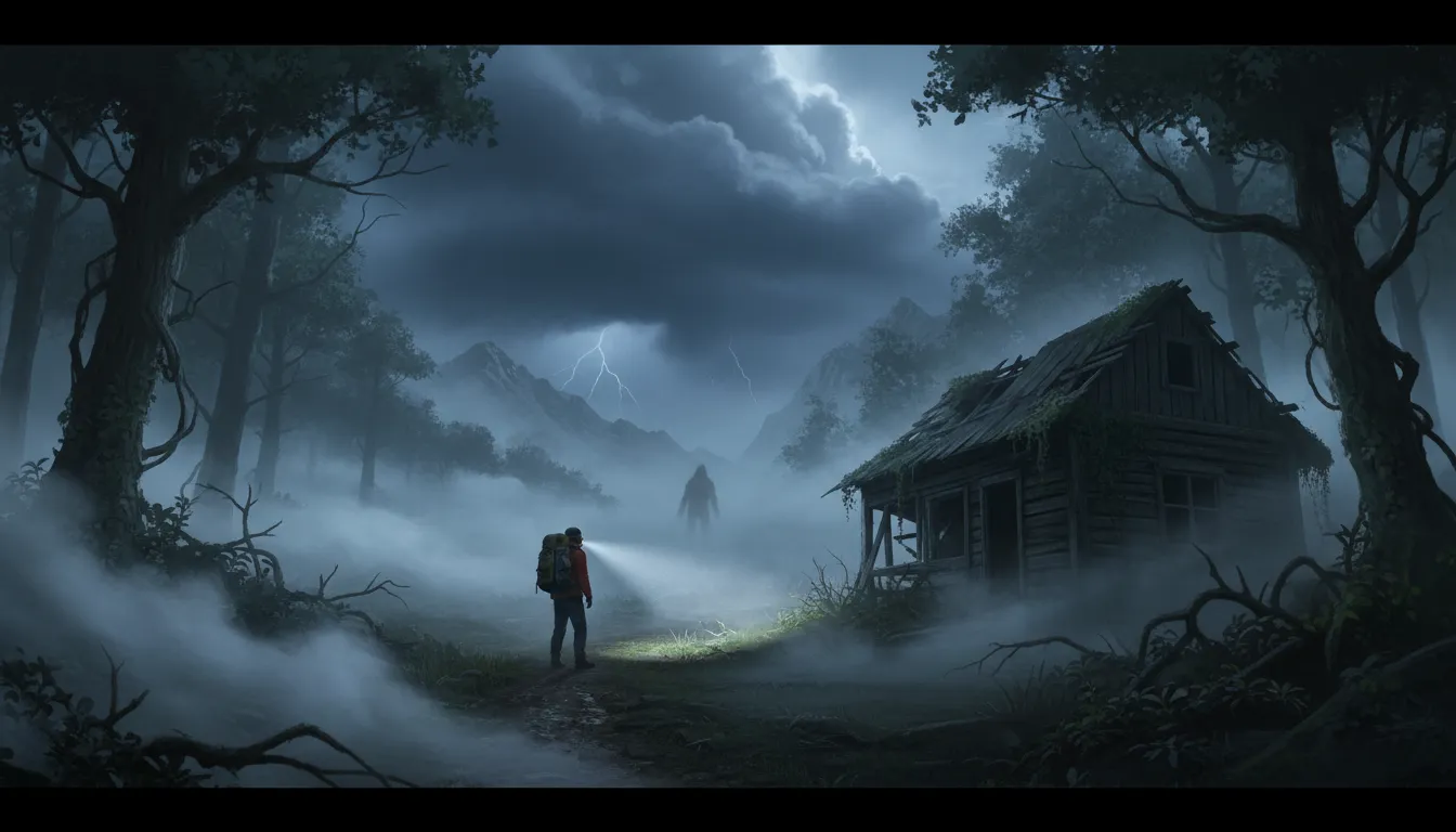 Tense night scene in dense deep woods with fog, a lone hiker, an ominous collapsed structure, and a distant shadowy silhouette suggesting remote wilderness dangers and safety concerns.