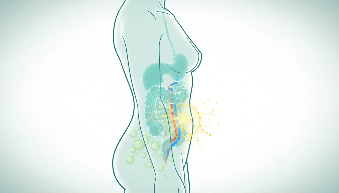 Illustration of a healthy digestive system with a detox-like flow through the intestines and reduced belly bloating, symbolizing efficient waste elimination and improved metabolism.