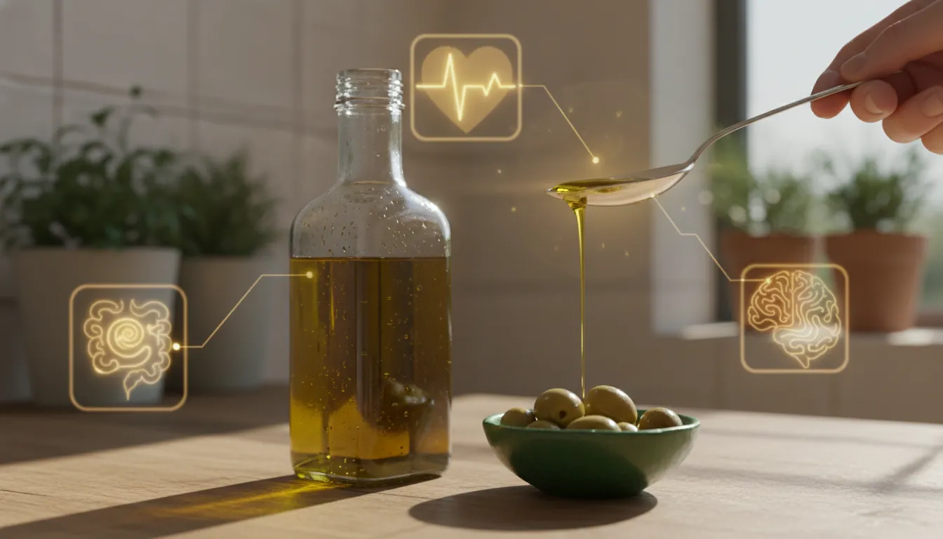 Sunlit Mediterranean kitchen countertop with a glass bottle pouring golden extra virgin olive oil beside green olives in a ceramic bowl, symbolizing daily wellness benefits.