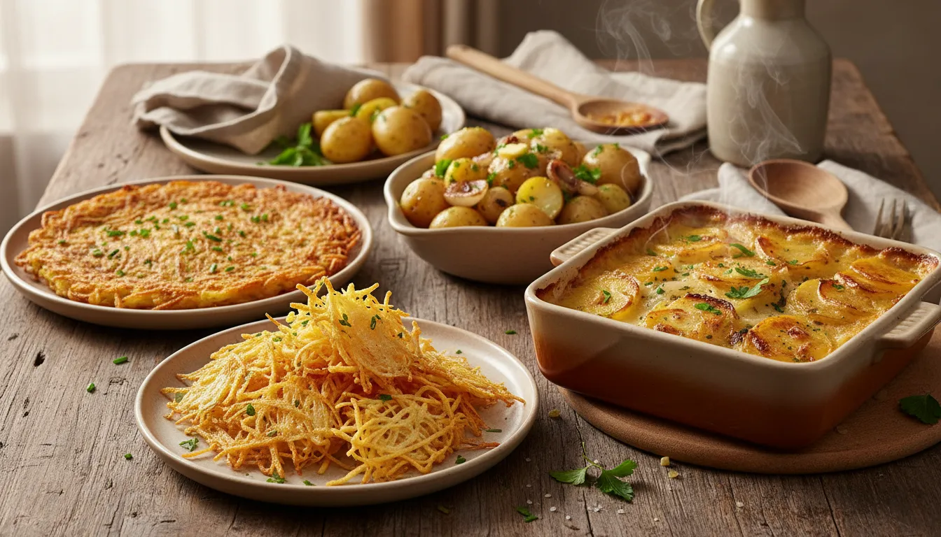 Four classic potato dishes—crisp fries, golden gratin, buttery new potatoes, and a rösti pancake—arranged on a rustic table under warm natural light.