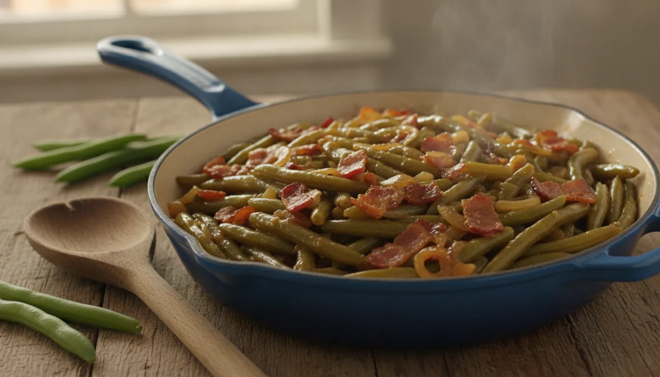 Smothered green beans with bacon and onion in a rustic bowl