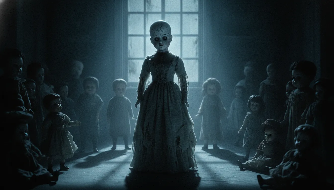 Dimly lit room with an eerie antique haunted doll with blank glassy eyes and surrounding shadowed dolls, styled like a cinematic horror scene.