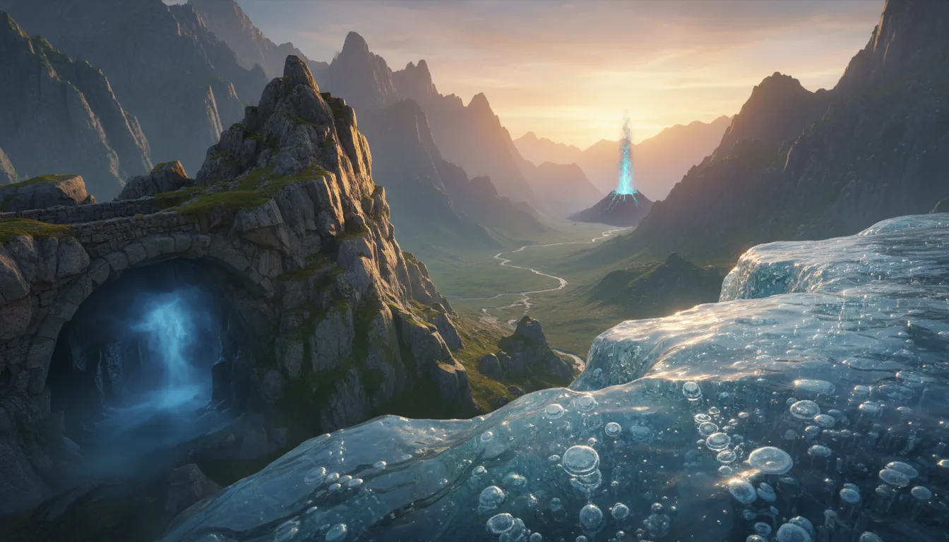 Cinematic landscape of hidden natural wonders with a mountain stone bridge, misty cave opening, blue volcanic glow, and frozen methane-like ice bubbles.