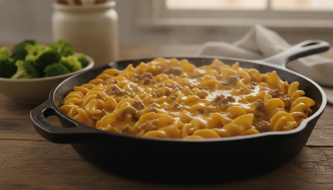 Skillet of creamy homemade hamburger helper with cheddar, wide egg noodles, and a side of broccoli